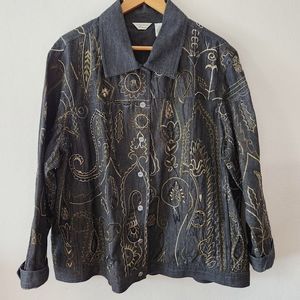 Laura Ashley Embroidered Paisley Denim Jacket Black Gray Art-To-Wear Beaded Y2K